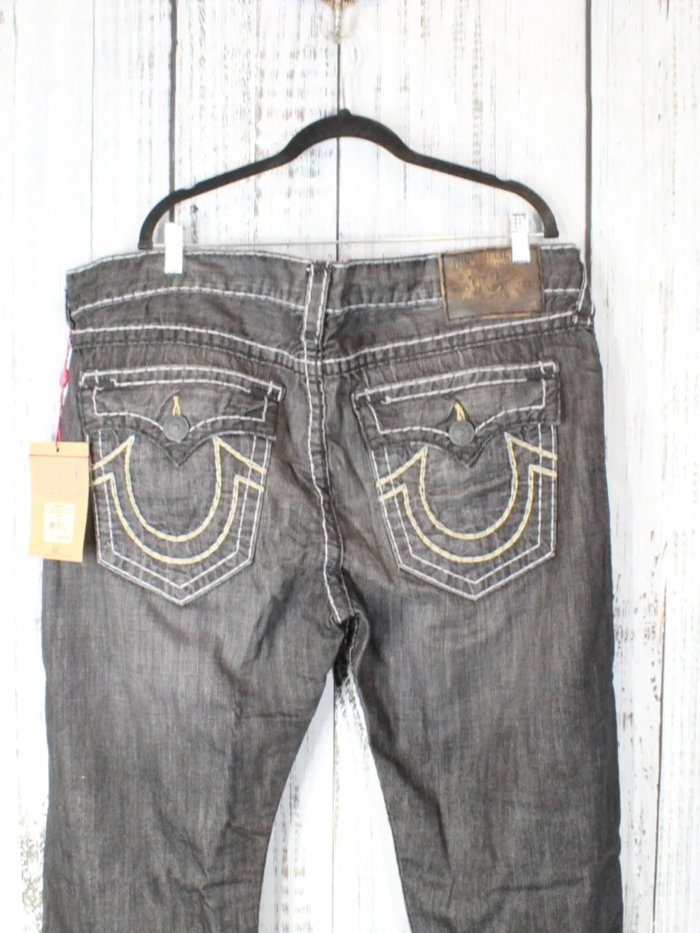 True Religion Ricky Super T Black Grey Jeans Size 42 White Yellow Stitch NWT